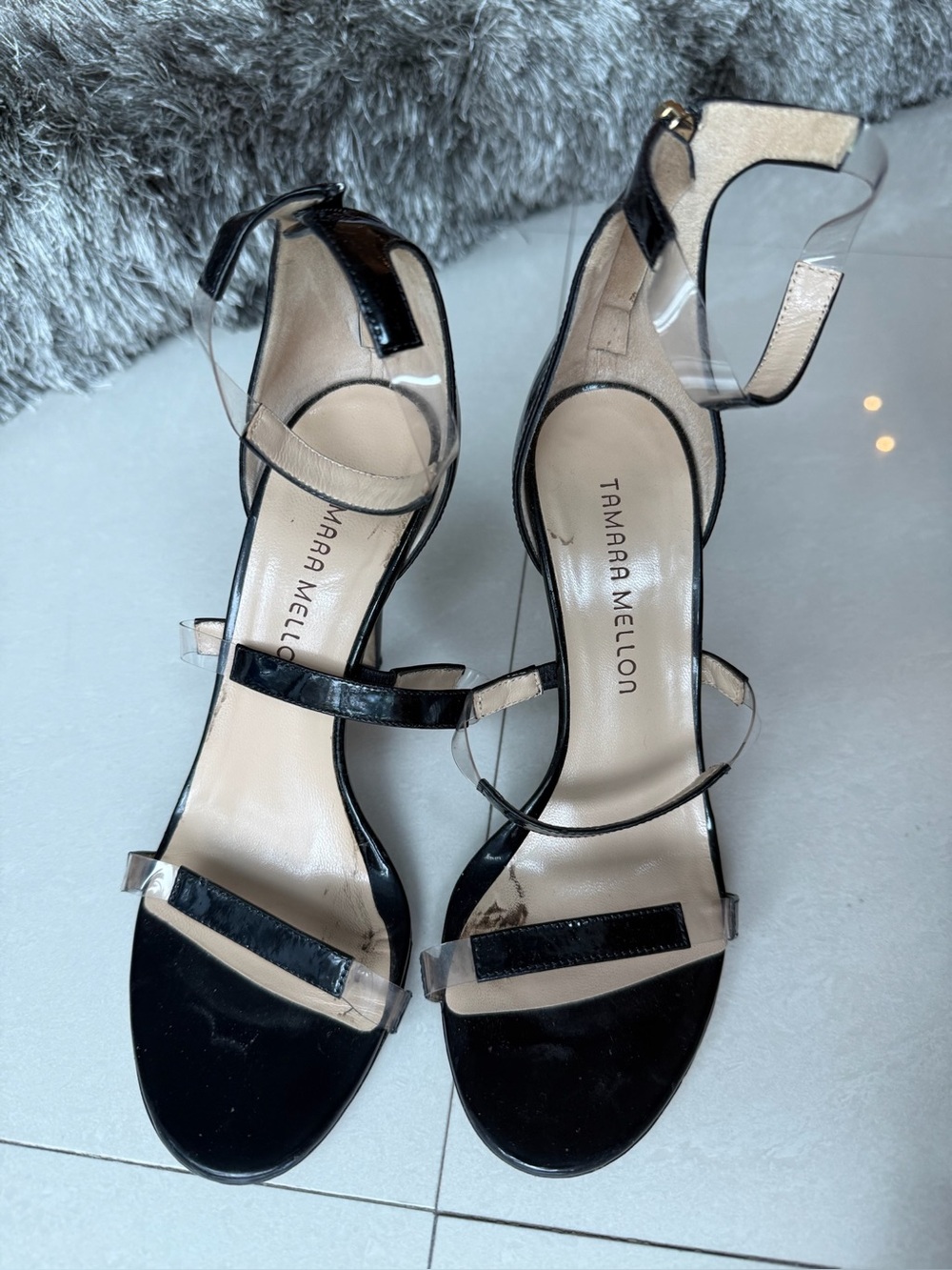 Tamara Mellon Black and Clear Strap Women’s Sandals